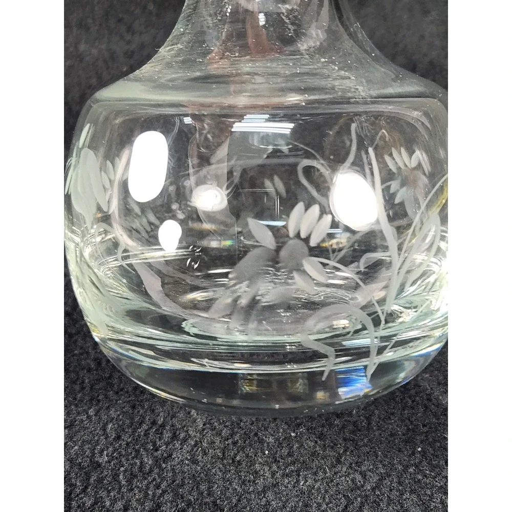 Vtg Danish Design Glass Decanter W/ Stopper Etched Floral Clear Made in Romania